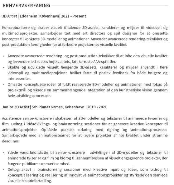 erhvervserfaring på et artist CV