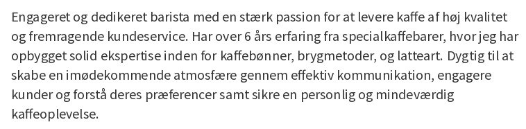 Personlig profil på et barista CV