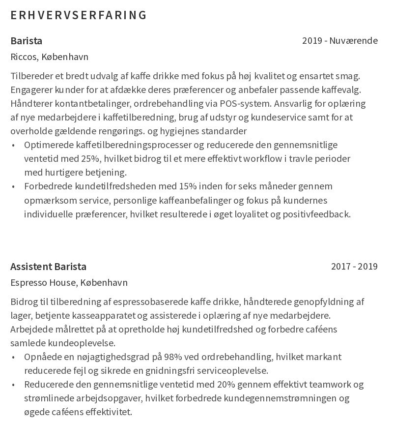 erhvervserfaring på et barista CV