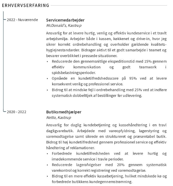 Erhvervserfaring på et McDonalds CV