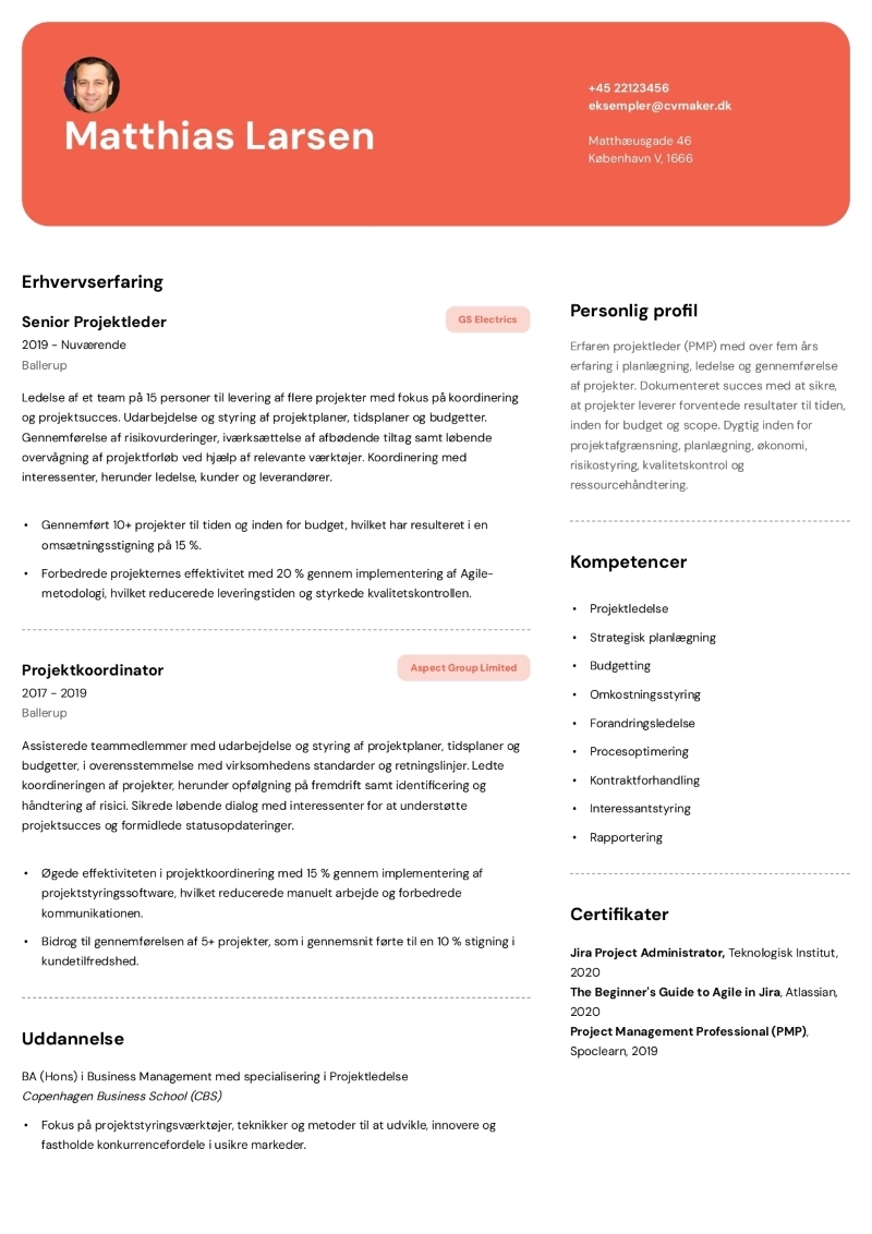 Eksempel på ét-sides CV-skabelon Eksempel på ét-sides CV-skabelon