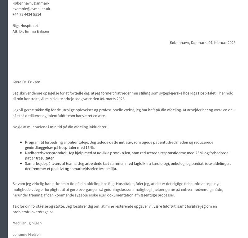 Eksempel på opsigelsesbrev